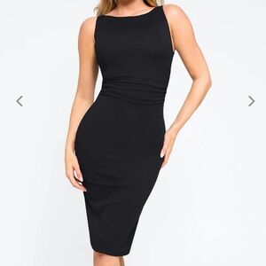 NWT Popilush Shapewear Sleeveless Ruched Tummy Control Midi Work Dress Black